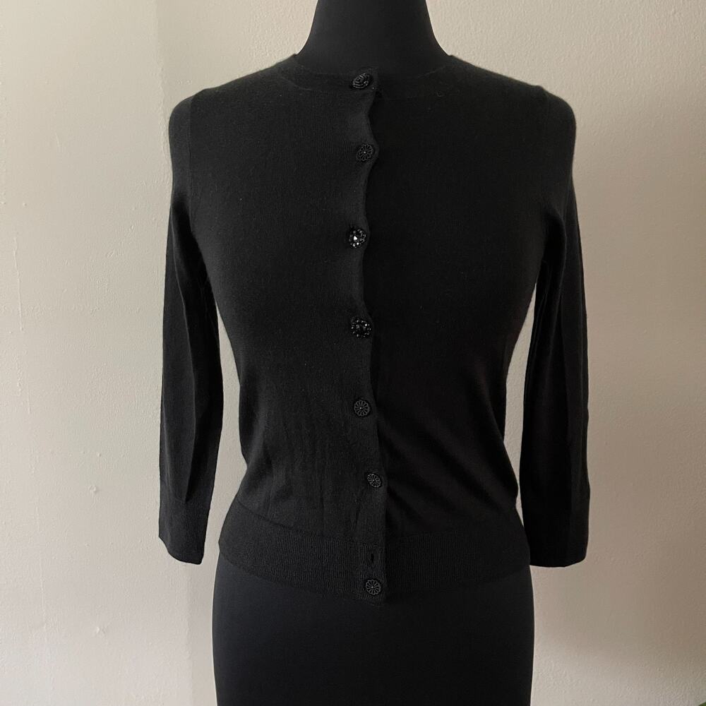 J.Crew Collection Italian Cashmere Cardigan Womens Small Black Button J7505 Flaw